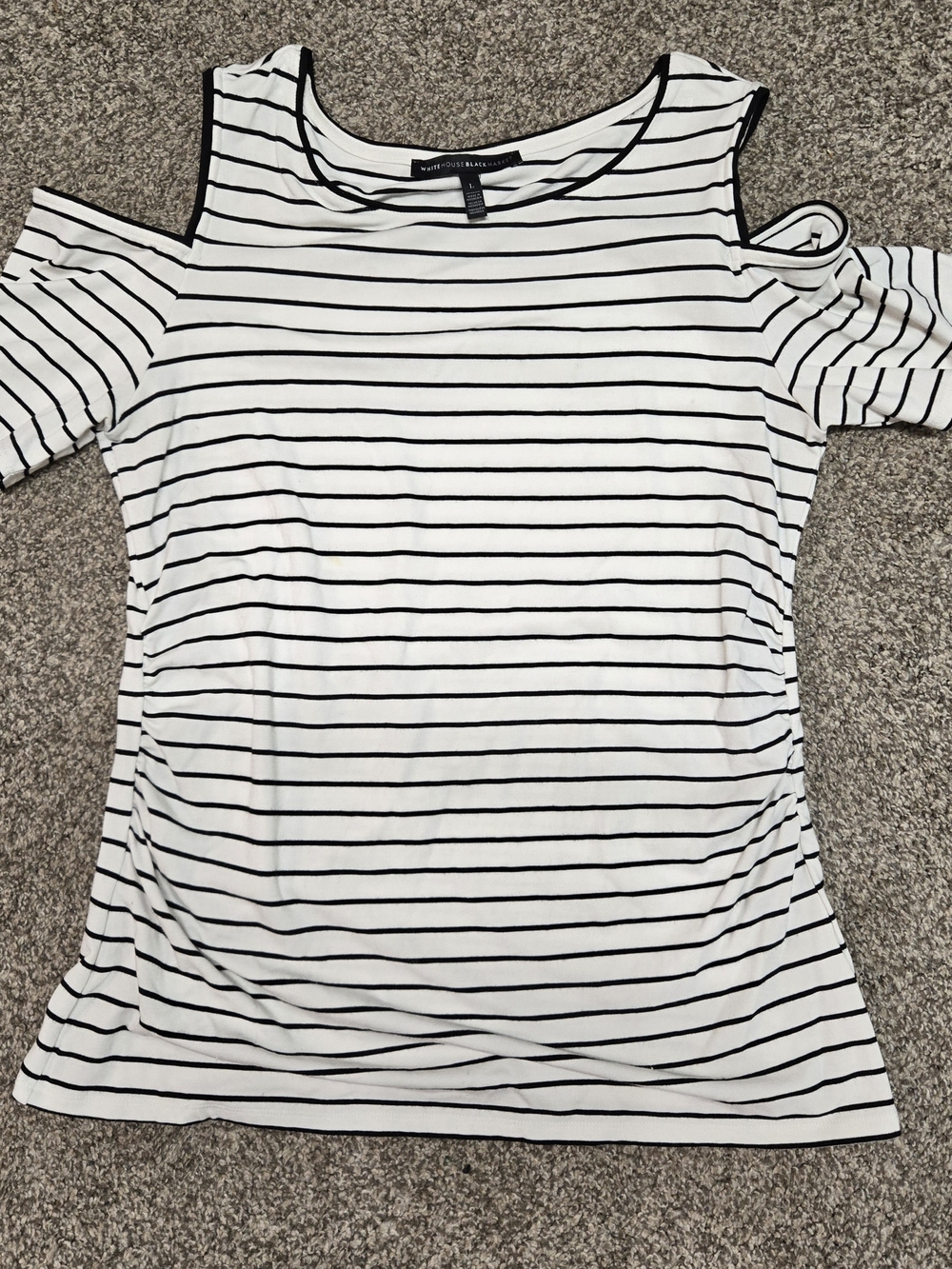 White House Black Market White and Black Striped Cold-Shoulder Tee